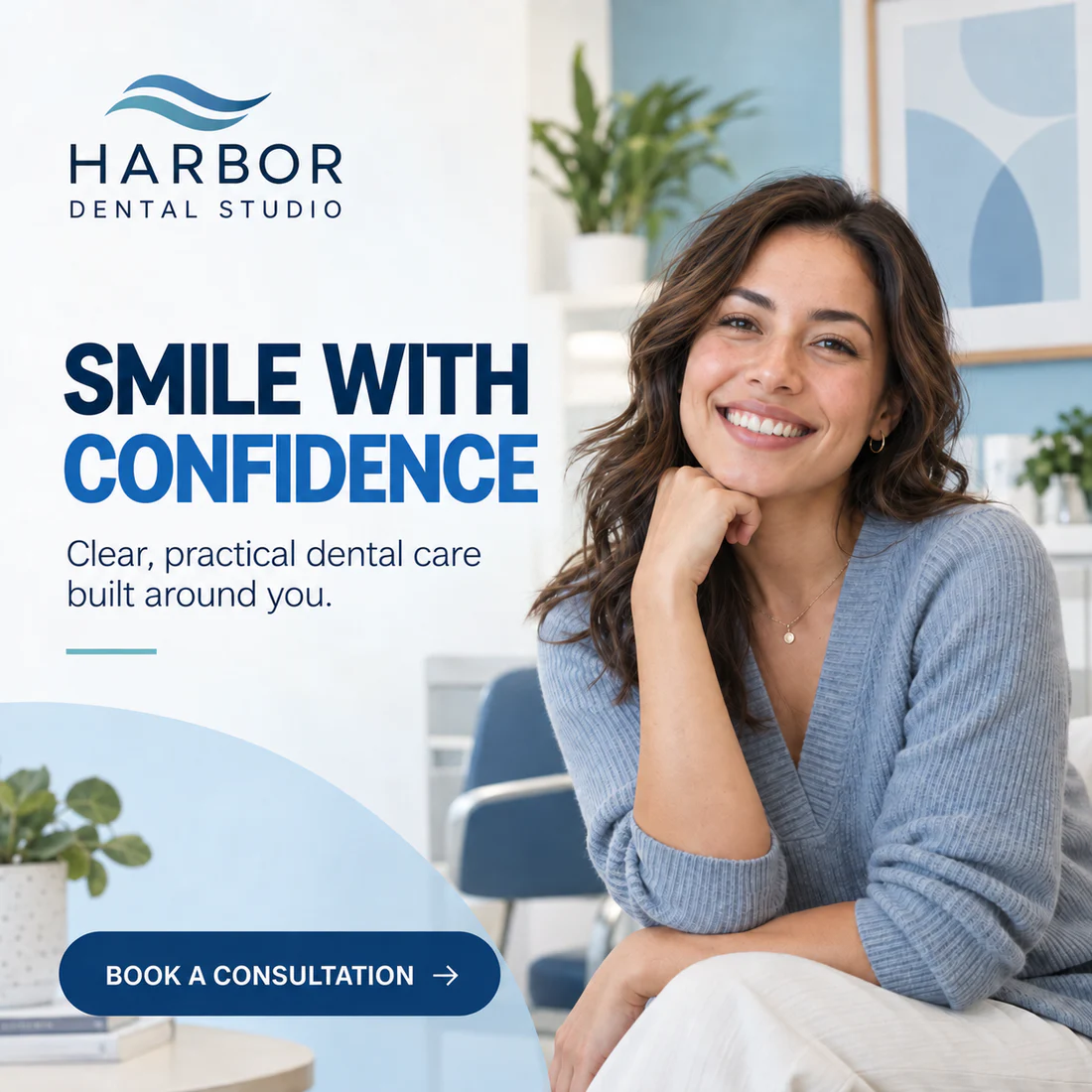 Fictional Harbor Dental Studio advertisement with the headline Smile with confidence