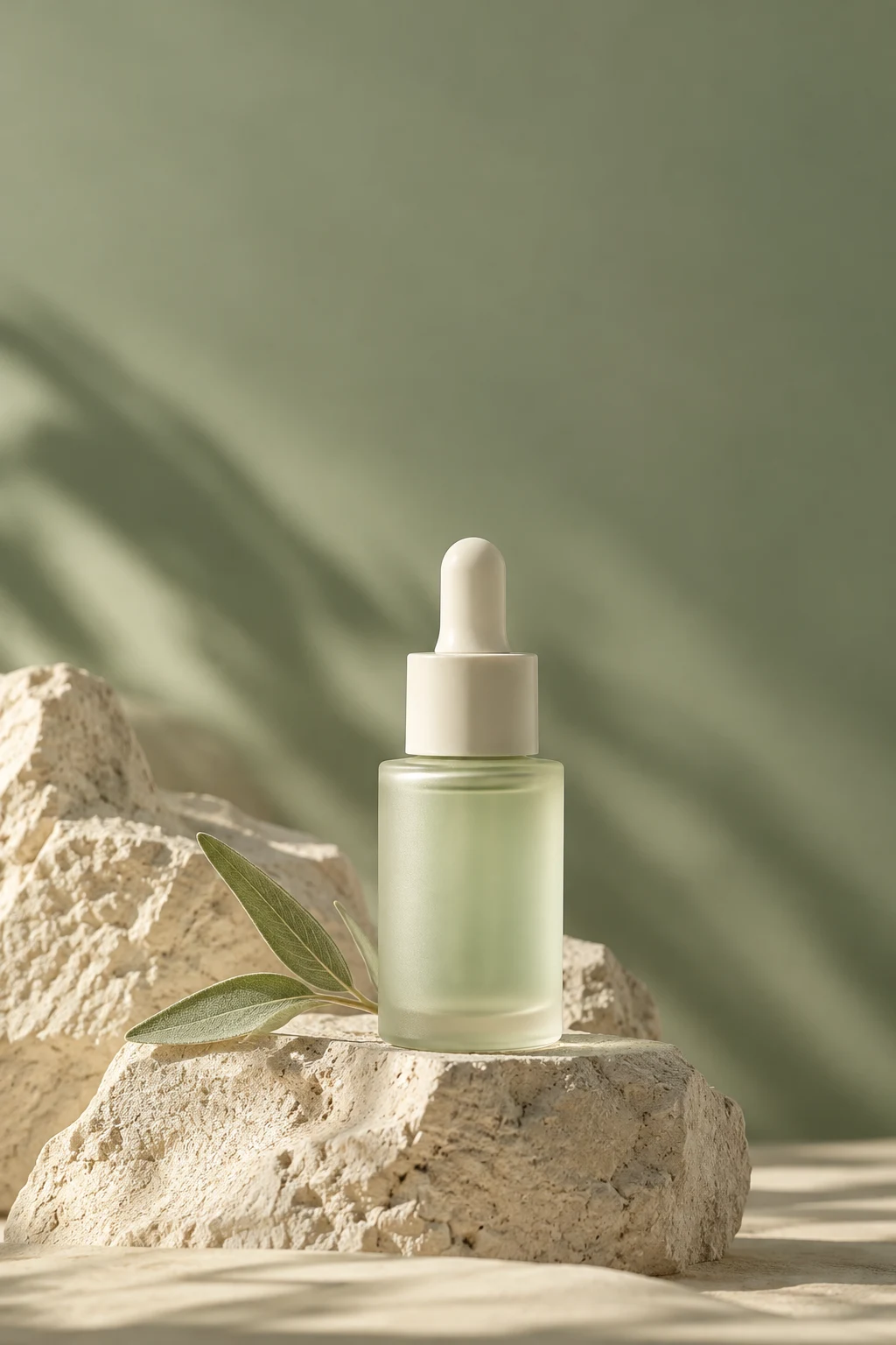 Fictional skincare product photograph: a pale green serum bottle on a limestone pedestal